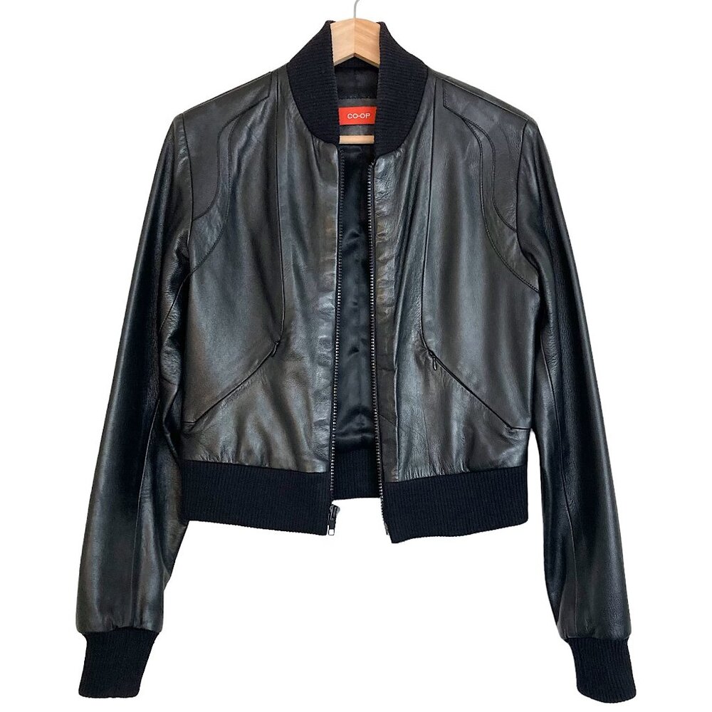 BARNEYS NY CO-OP Black Lamb Skin Leather Baseball Bomber Jacket Runs Small